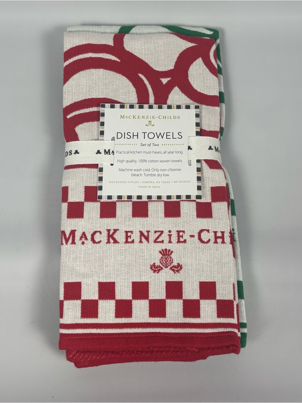 MacKenzie-Childs Red, Green and White Patterned Cotton Dish Towels - Set of Two